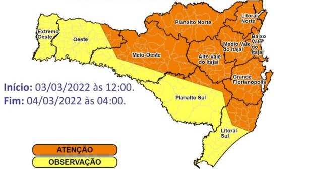 Alerta de temporais se aplica para toda a Santa Catarina – Foto: Defesa Civil de Santa Catarina/Divulga&ccedil;&atilde;o/ND