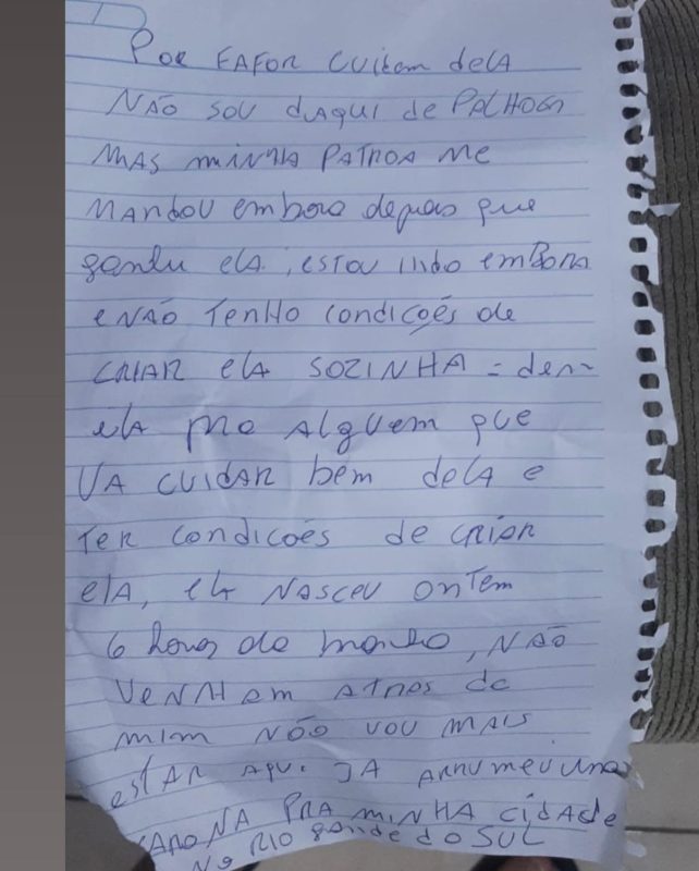 Carta que a m&atilde;e da beb&ecirc; deixou dentro da caixa de papel&atilde;o – Foto: Reprodu&ccedil;&atilde;o/Internet/ND