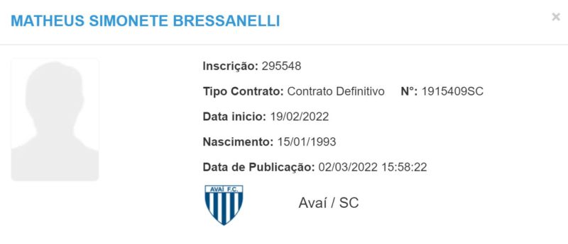Bressan &eacute; registrado no BID da CBF e j&aacute; pode estrear pelo Ava&iacute; – Foto: CBF/Reprodu&ccedil;&atilde;o/ND