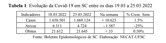 Dados referentes a semana do dia 19 ao dia 25 de mar&ccedil;o de 2022 – Foto: Necat/UFSC/Reprodu&ccedil;&atilde;o/ND