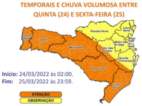 Áreas em laranja têm risco alto para ocorrências associadas aos temporais &#8211; Foto: Defesa Civil SC/Divulgação/ND