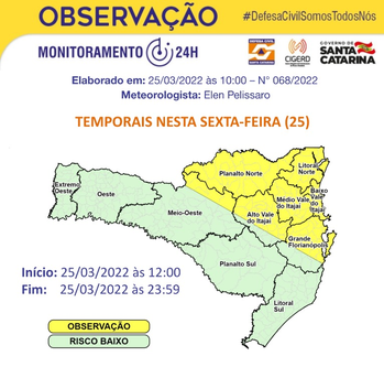 Risco para temporais segue principalmente no Centro-Norte de SC. – Foto: Defesa Civil SC/Divulga&ccedil;&atilde;o/ND
