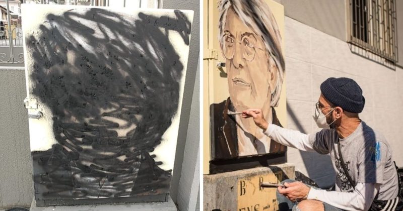 Pintura de Bruno Barbi, que aparece na foto ao lado,vandalizada – Foto: Montagem sobre fotos de Bruno Barbi e T&oacute;ia Oliveira