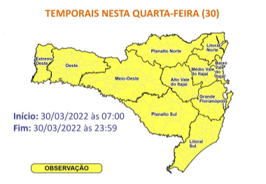 Alerta de temporais para esta quarta-feira (30) em SC – Foto: DCSC/Divulgação/ND