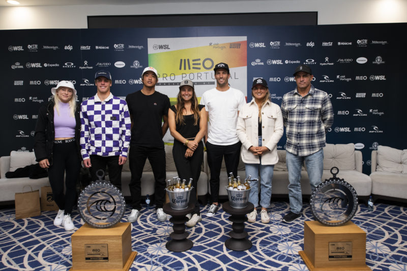 Atletas do Circuito Mundial de Surf mundial no evento de lan&ccedil;amento da etapa em Portugal – Foto: Thiago Diz/ND