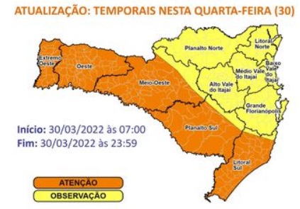 Defesa Civil estadual alerta para temporais – Foto: Defesa Civil SC/Divulga&ccedil;&atilde;o/ND