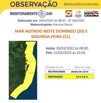 O alerta da Defesa Civil &eacute; para a regi&atilde;o entre a Grande Florian&oacute;polis e o Litoral Sul. – Foto: Foto: Defesa Civil SC/Divulga&ccedil;&atilde;o/ND