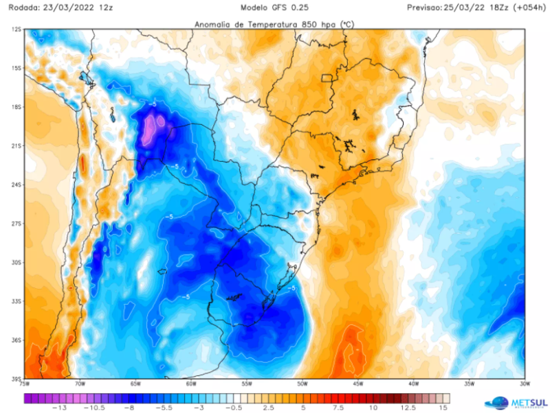 Ciclone extratropical que se forma sobre a Argentina n&atilde;o deve chegar a SC. – Foto: Metsul Meteorologia / Reprodu&ccedil;&atilde;o/ND