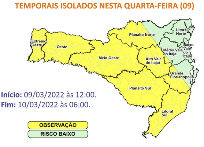 Risco para ocorr&ecirc;ncias associadas aos temporais &eacute; moderado nas &aacute;reas em amarelo – Foto: Defesa Civil/Divulga&ccedil;&atilde;o/ND
