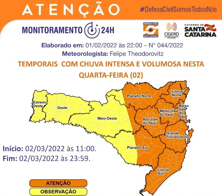 Alerta foi emitido no fim da manhã desta quarta-feira (2) &#8211; Foto: Defesa Civil/Divulgação