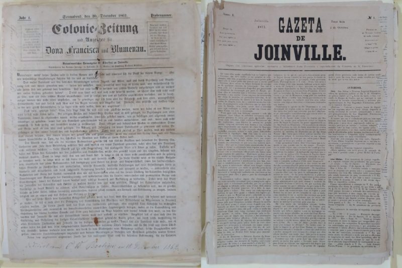 Kolonie-Zeitung (em alem&atilde;o) e Gazeta de Joinville, os dois primeiros jornais da cidade – Foto: Reprodu&ccedil;&atilde;o/AHJ