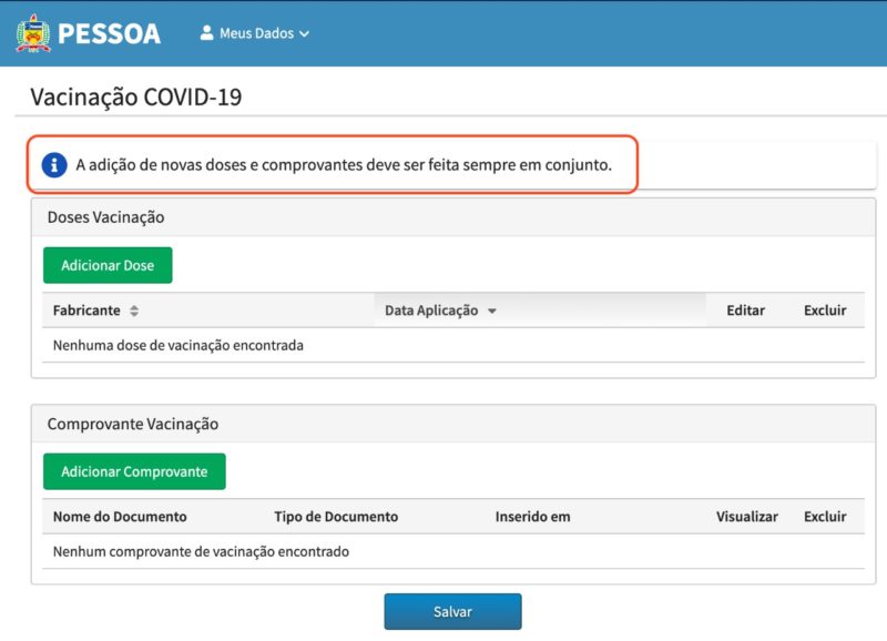 Tela onde alunos e servidores da UFSC devem cadastrar doses da vacina contra Covid-19. – Foto: Reprodu&ccedil;&atilde;o/UFSC/Divulga&ccedil;&atilde;o/ND