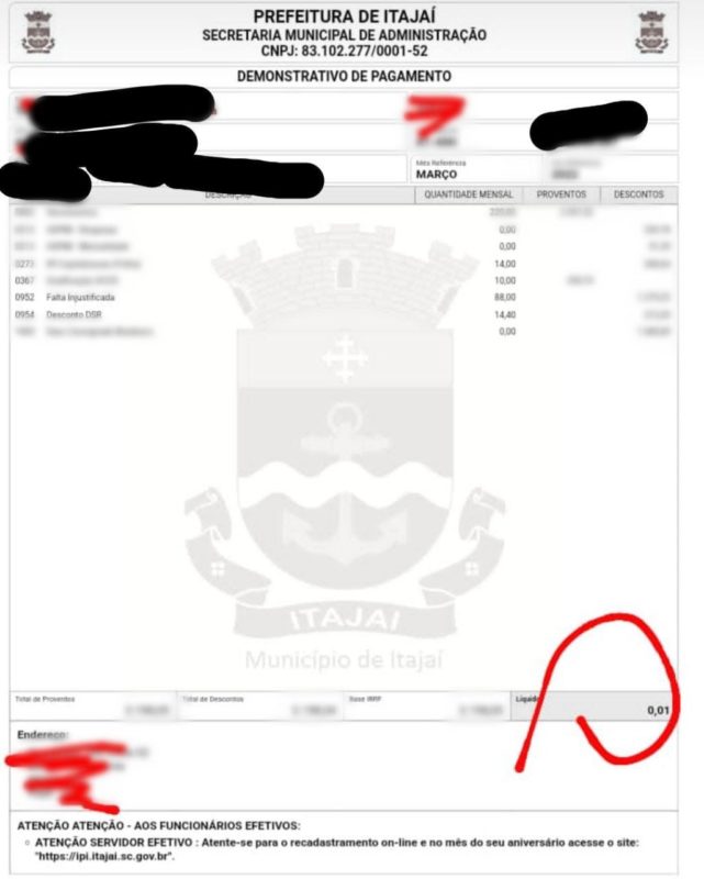 Servidores relatam que receberam apenas um centavo de sal&aacute;rio – Foto: Reprodu&ccedil;&atilde;o/Servidores/ND