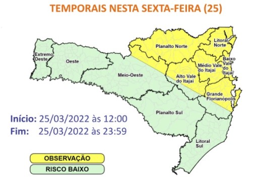 Áreas em amarelo apresentam risco maior relacionado a ocorrências com temporais &#8211; Foto: Defesa Civil/Divulgação