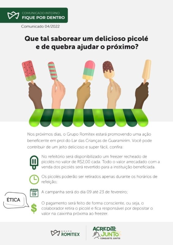 Campanha: Que tal saborear um delicioso picol&eacute; e de quebra ajudar o pr&oacute;ximo? – Foto: Grupo Romitex