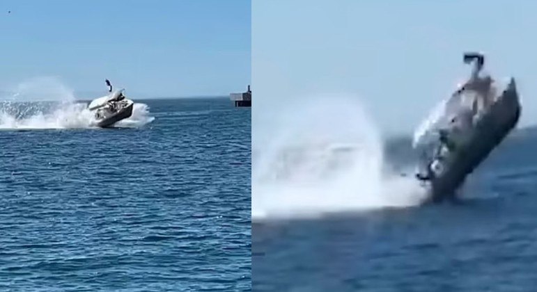 Tr&ecirc;s tripulantes s&atilde;o arremessados no mar ap&oacute;s barco se chocar com baleia. – Foto: Reprodu&ccedil;&atilde;o Yputube/R7/ND