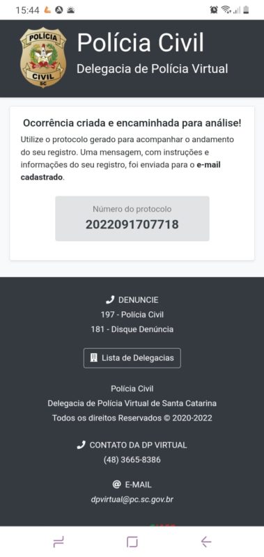 boletim de ocorrência registrado