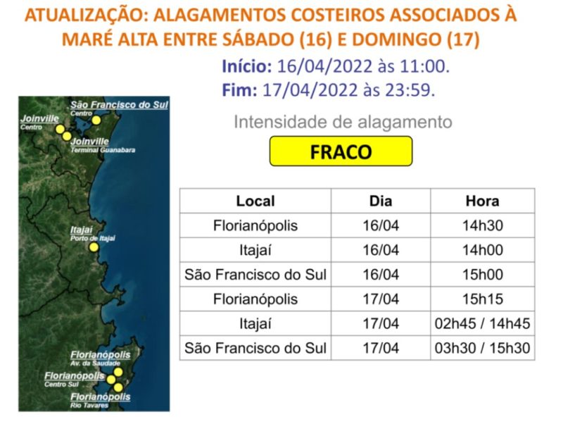 Tabela aponta hor&aacute;rios e intensidade dos alagamentos previstos para &aacute;reas costeiras – Foto: Defesa Civil de SC/Divulga&ccedil;&atilde;o/ND