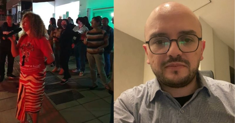 Com caixa de som, sindicato protesta em frente a apartamento de vereador em Crici&uacute;ma – Foto: Internet/Reprodu&ccedil;&atilde;o/ND