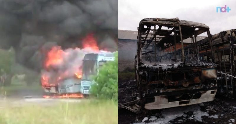 &Ocirc;nibus s&atilde;o destru&iacute;dos pelo fogo e fuma&ccedil;a preta toma conta do c&eacute;u em Balne&aacute;rio Cambori&uacute; – Foto: Corpo de Bombeiros e Reprodu&ccedil;&atilde;o/Internet
