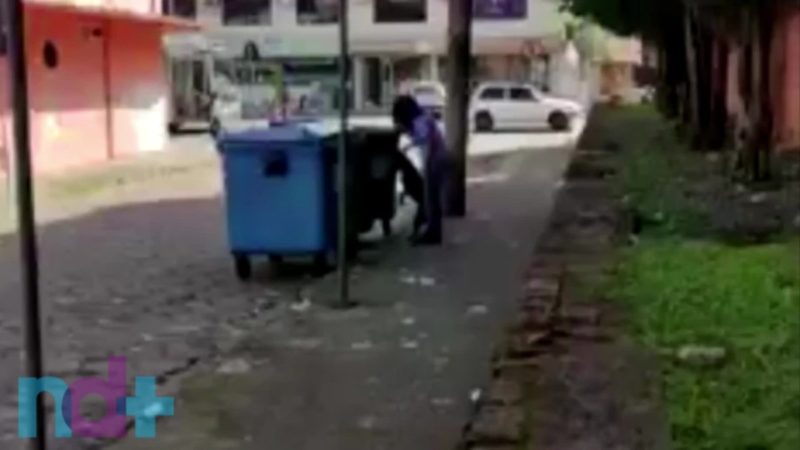 FRAME – Mulher foi flagrada jogando cachorro dentro de lixeira em Blumenau – Foto: Reprodu&ccedil;&atilde;o/Internet