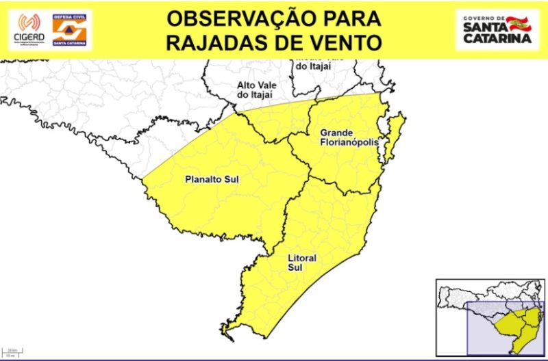 Ventanias v&atilde;o chegar principalmente ao Litoral e Planalto Sul e Grande Florian&oacute;polis – Foto: Defesa Civil/ Divulga&ccedil;&atilde;o/ ND