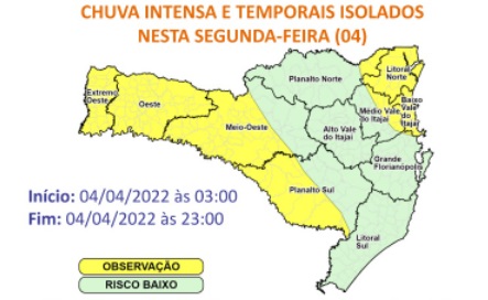Alerta da Defesa Civil para chuva intensa &#8211; Foto: Defesa Civil SC/Divulgação/ND