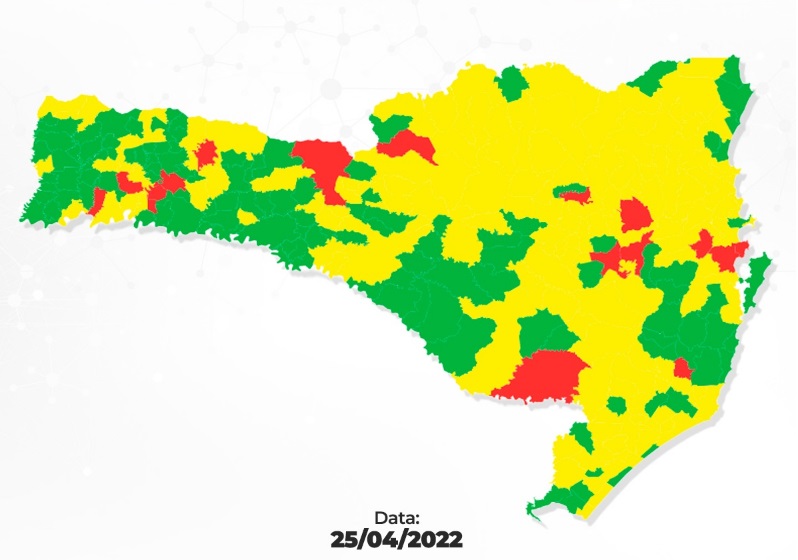 Mapa de alerta epidemiológico por município de SC – Foto: SES/Divulgação/ND