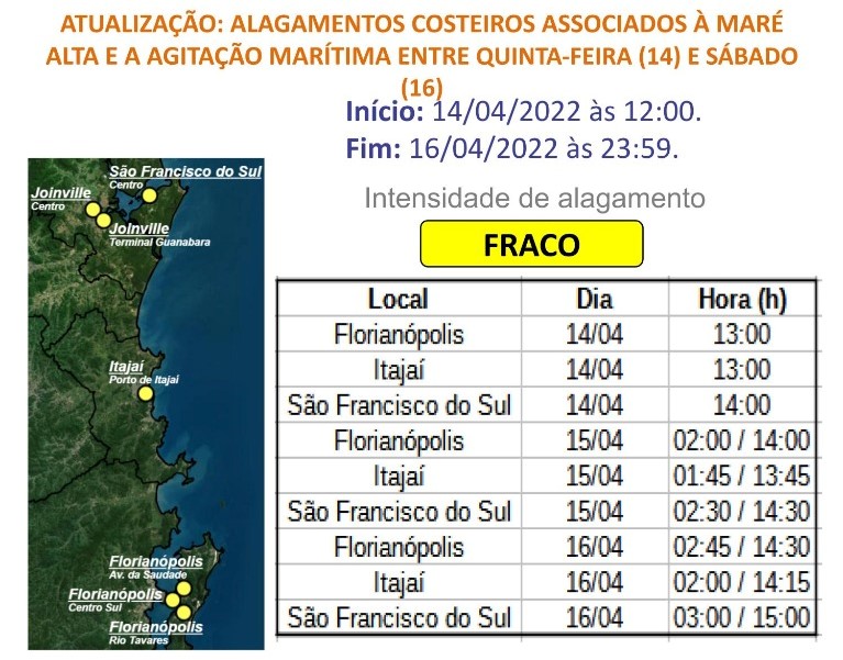 Os hor&aacute;rios dos picos da mar&eacute; astron&ocirc;mica s&atilde;o mostrados na tabela, que apresenta tamb&eacute;m os momentos de m&aacute;xima eleva&ccedil;&atilde;o do mar e consequente condi&ccedil;&atilde;o para alagamentos costeiros – Foto: Defesa Civil/Divulga&ccedil;&atilde;o/ND