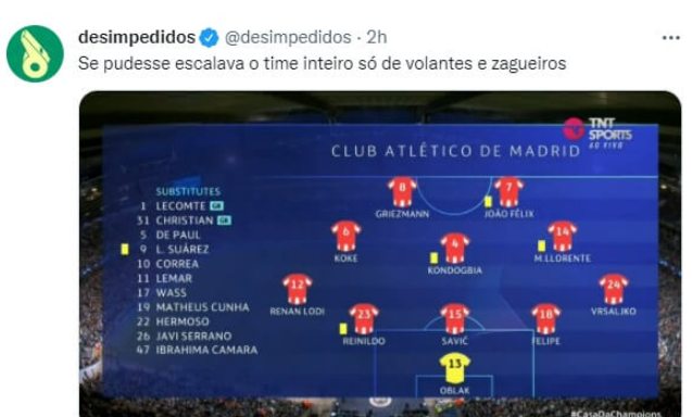 &nbsp; &nbsp; &nbsp; &nbsp; &nbsp; &nbsp; &nbsp; &nbsp; &nbsp; &nbsp; &nbsp; &nbsp; &nbsp;Memes de City x Atl&eacute;tico de Madrid – Foto: Twitter