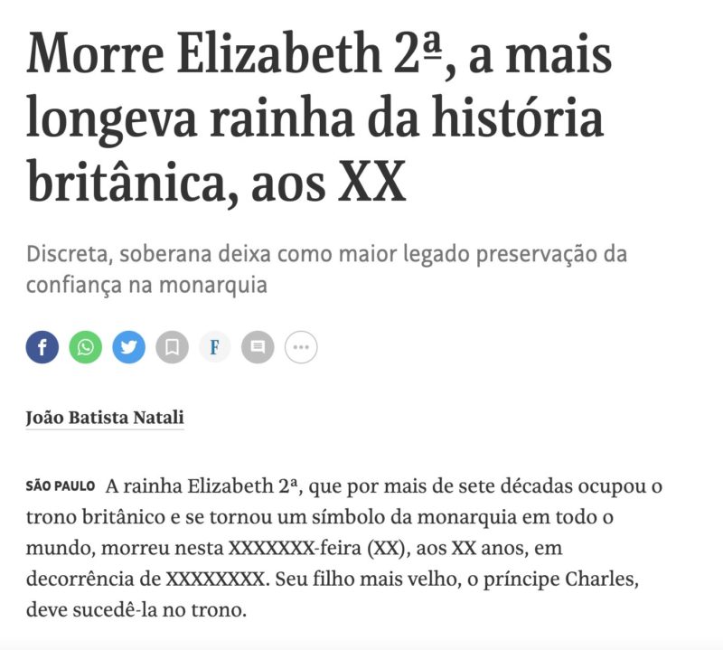 Folha de S. Paulo publicou obituário da Rainha Elizabeth II antes da morte &#8211; Foto: Reprodução/Internet