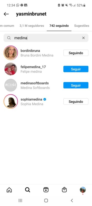 Apesar de parar de seguir o ex marido, Yasmin segue acompanhando parte da fam&iacute;lia Medina no Instagram – Foto: Reprodu&ccedil;&atilde;o/Internet