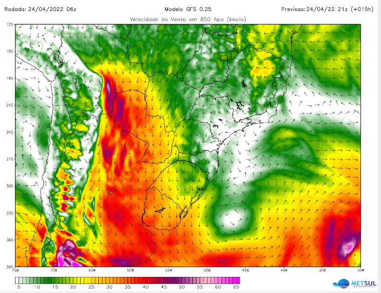 Proje&ccedil;&atilde;o do modelo norte-americano GFS mostra uma corrente de jato em baixos n&iacute;veis da Bol&iacute;via at&eacute; a regi&atilde;o do Prata no final deste domingo – Foto: MetSul/Reprodu&ccedil;&atilde;o/ND