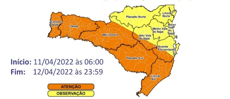 Regi&otilde;es em laranja devem ter aten&ccedil;&atilde;o para as condi&ccedil;&otilde;es do tempo &ndash; Foto: Defesa Civil/Divulga&ccedil;&atilde;o/ND