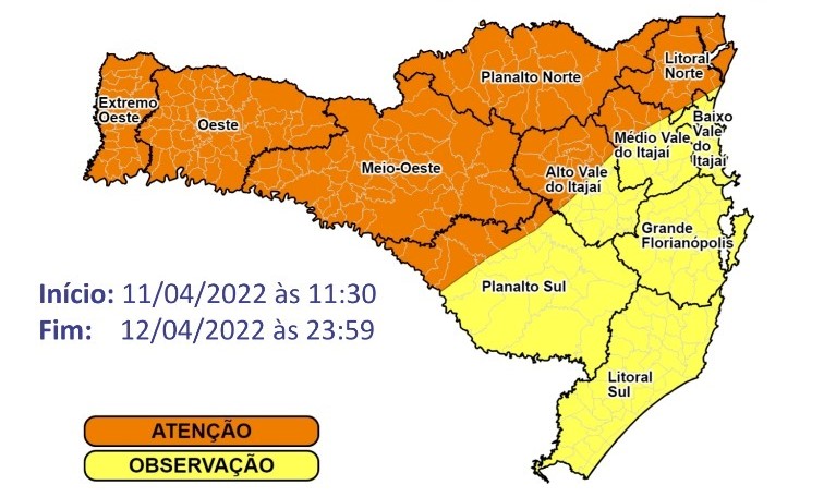 Regiões em laranja devem ter atenção para as condições do tempo &#8211; Foto: Defesa Civil/Divulgação/ND