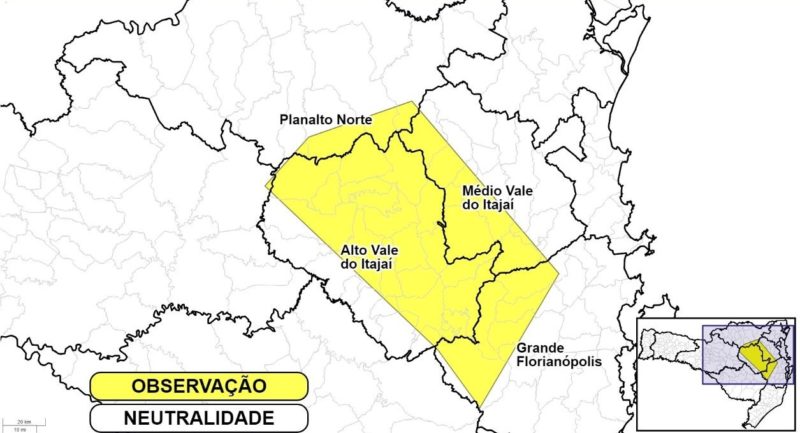 Alerta foi divulgado h&aacute; menos de uma hora pela Defesa Civil – Foto: Defesa Civil de Santa Catarina/Divulga&ccedil;&atilde;o/ND
