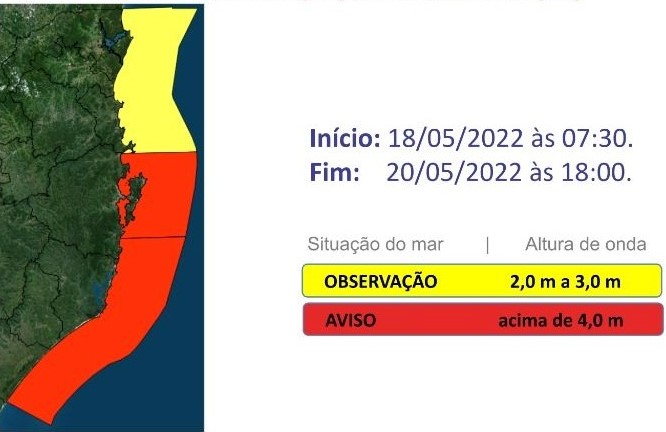 O risco para ocorr&ecirc;ncias associadas &agrave; agita&ccedil;&atilde;o mar&iacute;tima e ressaca &eacute; moderado nas &aacute;reas em amarelo e muito alto nas &aacute;reas em vermelho do mapa – Foto: Defesa Civil/Divulga&ccedil;&atilde;o/ND
