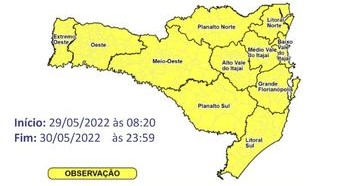 Todas as regi&otilde;es catarinenses est&atilde;o sob observa&ccedil;&atilde;o para ocorr&ecirc;ncias associadas &agrave;s instabilidades do tempo que atuam desde o domingo (29) em Santa Catarina – Foto: Defesa Civil/DIvulga&ccedil;&atilde;o/ND