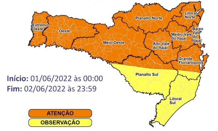 &Aacute;reas alaranjadas est&atilde;o sob aten&ccedil;&atilde;o para as condi&ccedil;&otilde;es associadas &agrave;s intensas e volumosas chuvas em Santa Catarina – Foto: Defesa Civil de Santa Catarina/Divulga&ccedil;&atilde;o/ND