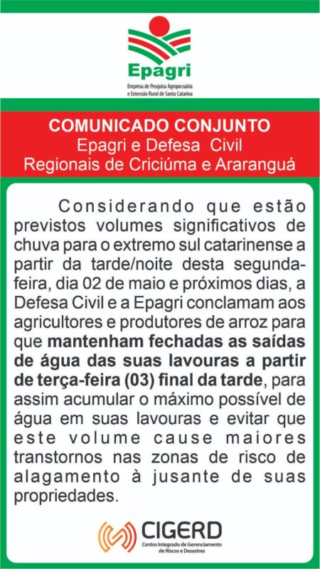 Um alerta da Defesa Civil e Epagri orienta rizicultores do Sul de SC. – Foto: Alerta Epagri