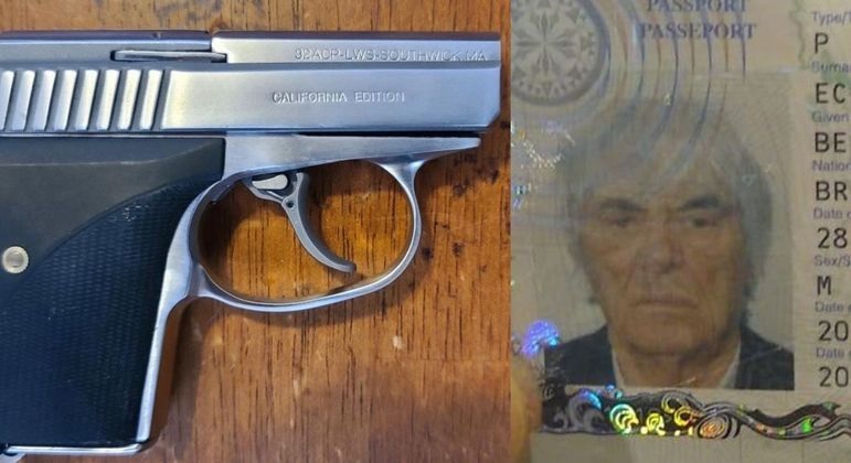 Arma e passaporte de Ecclestone – Foto: Divulga&ccedil;&atilde;o/Pol&iacute;cia Civil