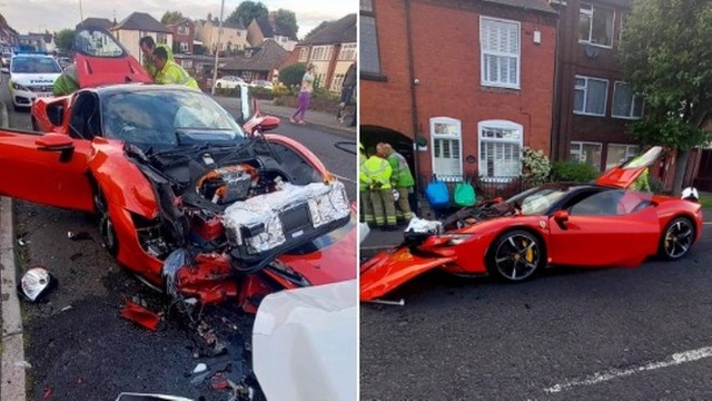 Ferrari SF90 destruída em acidente na Inglaterra &#8211; Foto: Reprodução/Twitter(Haden Cross Fire Station)/Divulgação/ND