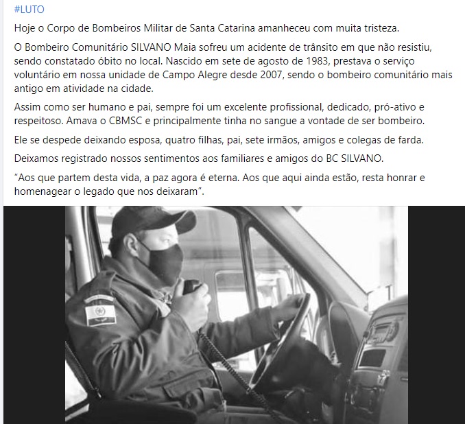 Bombeiro comunitário morre em acidente