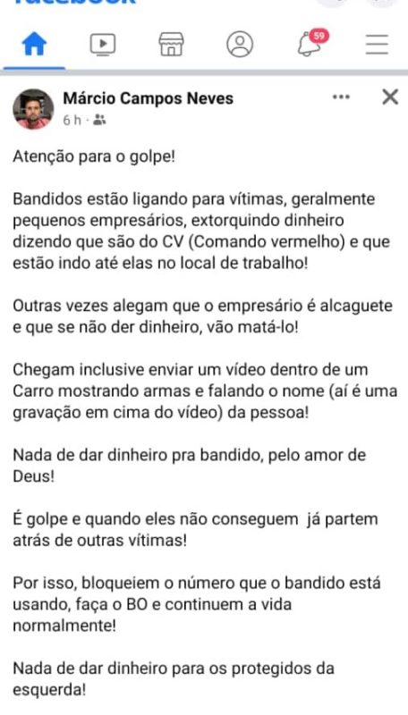 Na sua p&aacute;gina o delegado de pol&iacute;cia M&aacute;rcio Campos Neves alerta as pessoas sobre novo tipo de golpe que vem sendo aplicado na regi&atilde;o de Crici&uacute;ma. – Foto: Redes sociais