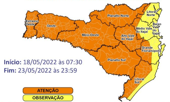 Regiões alaranjadas do mapa devem tomar cuidado com ocorrências meteorológicas relacionadas às quedas bruscas na temperatura &#8211; Foto: Defesa Civil/Divulgação/ND