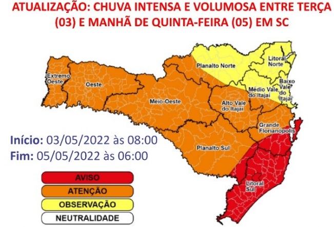 Mapa alerta para chuva intensa e volumosa &#8211; Foto: Defesa Civil de SC/Divulgação/ND