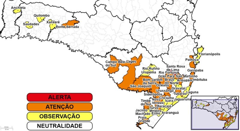 Munic&iacute;pios catarinenses indicados abaixo devem ficar atentos para a situa&ccedil;&atilde;o atualizada da chuva em suas regi&otilde;es por conta dos altos n&iacute;veis de deslizamentos que podem ocorrer – Foto: Defesa Civil de Santa Catarina/Divulga&ccedil;&atilde;o/ND
