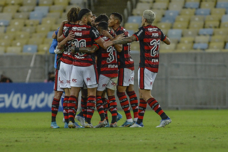 Jogadores do Flamengo comemoram um dos gols da partida – Foto: Marcelo Cortes/Flamengo