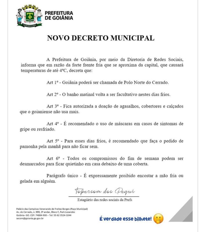 Decreto fictício foi publicado nas redes sociais da prefeitura de Goiânia – Foto: Divulgação/Redes Sociais/ND