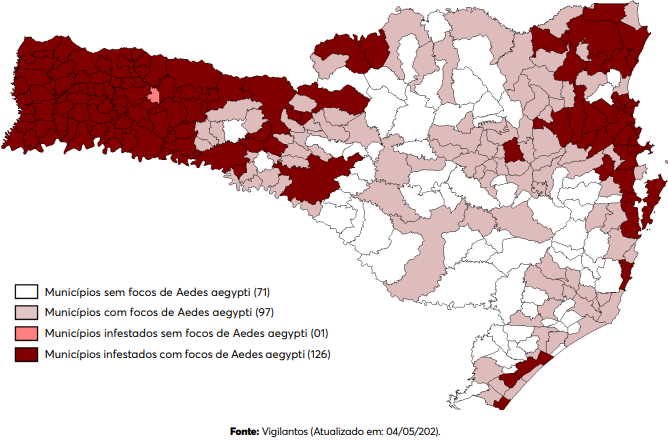 Mapa dos municípios segundo a situação entomológica da dengue em Santa Catarina &#8211; Foto: DIVE/SC/Divulgação/ND